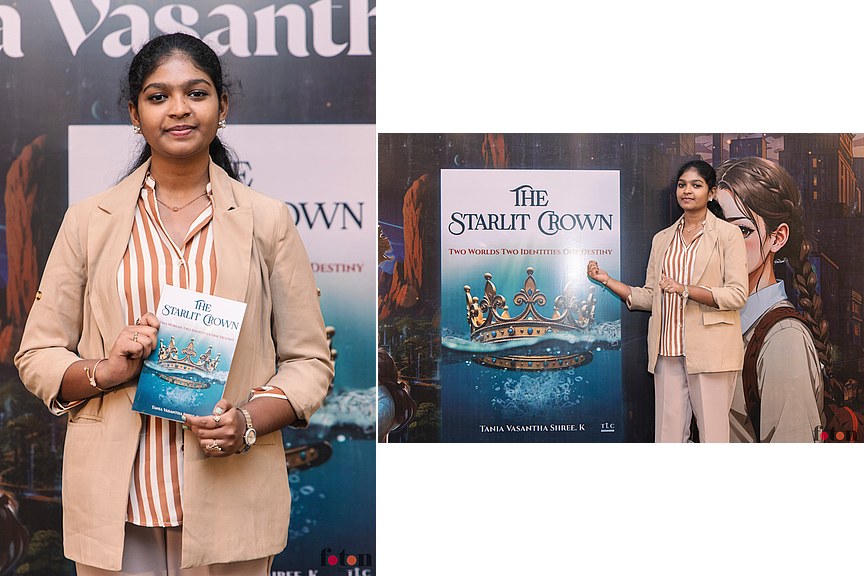 Tania holding her debut book The Starlit Crown during the launch event in Chennai